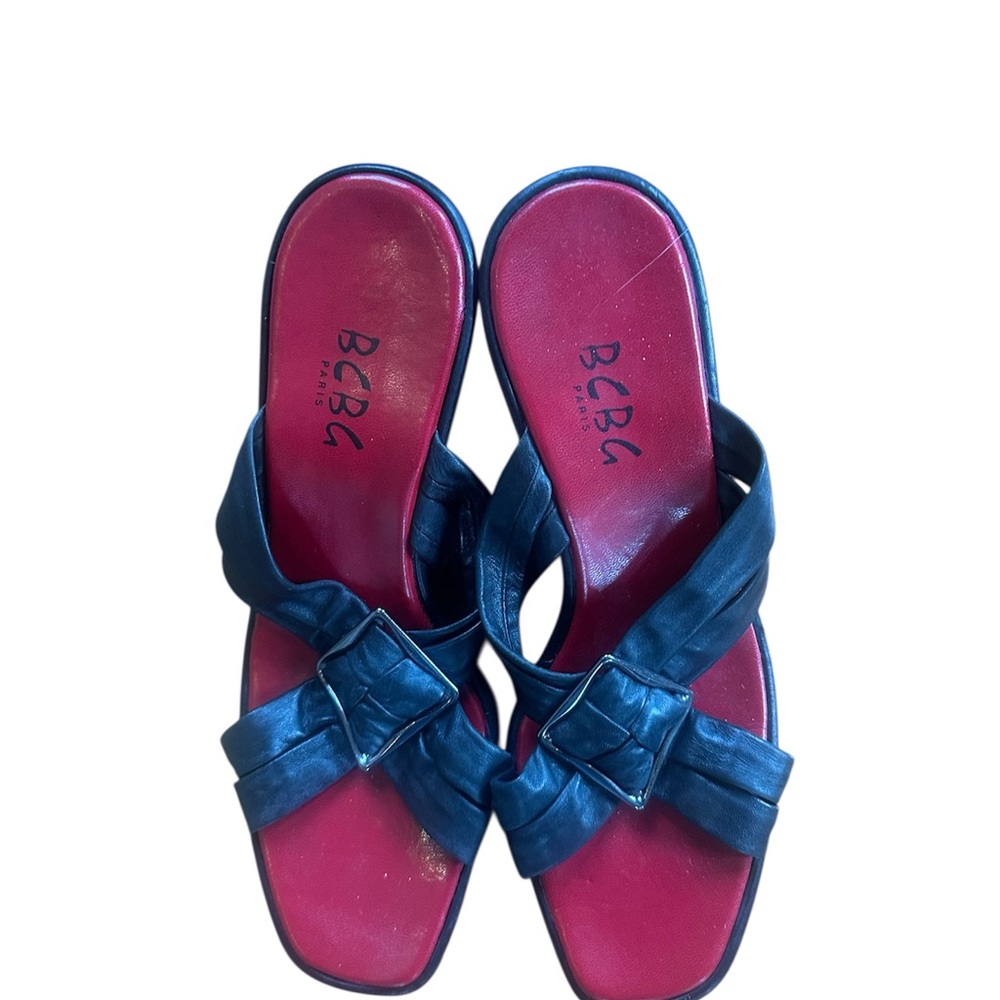 BCBG Black Leather Buckle Slide Sandals with Red Insole